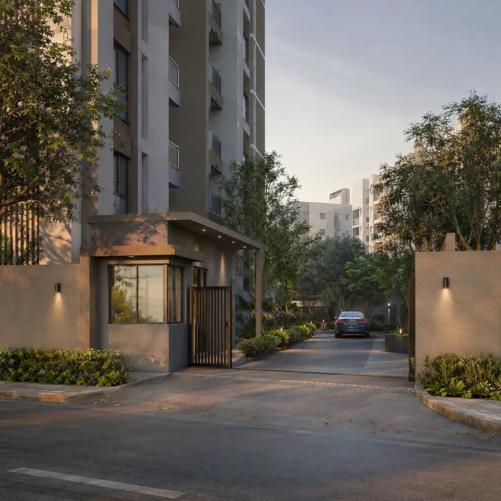 Urbanrise Gattahalli indicative gated vehicle entrance with a glazed guard cabin and planted driveway on the compact 4.20-acre parcel Urbanrise Gattahalli indicative gated vehicle entrance with a glazed guard cabin and planted driveway on the compact 4.20-acre parcel