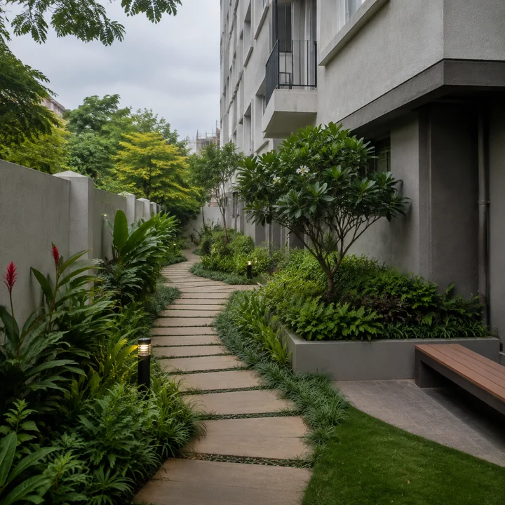 Urbanrise Gattahalli indicative side-setback garden with a stepping-stone path, layered planting and bollard lighting Urbanrise Gattahalli indicative side-setback garden with a stepping-stone path, layered planting and bollard lighting