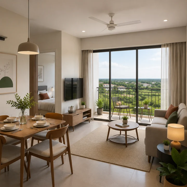 Urbanrise Gattahalli indicative apartment living and dining interior with sliding doors onto a furnished balcony Urbanrise Gattahalli indicative apartment living and dining interior with sliding doors onto a furnished balcony
