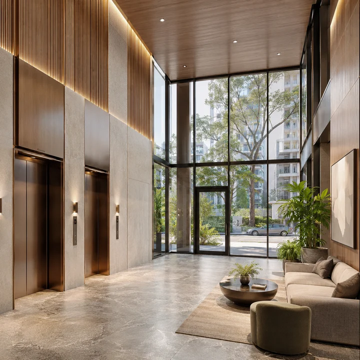 Urbanrise Gattahalli indicative double-height entrance lobby with bronze-clad lift doors and full-height glazing to the street Urbanrise Gattahalli indicative double-height entrance lobby with bronze-clad lift doors and full-height glazing to the street