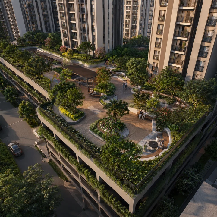 Urbanrise Gattahalli indicative landscaped podium deck with timber decking, seating pods, a pergola and a children's play area Urbanrise Gattahalli indicative landscaped podium deck with timber decking, seating pods, a pergola and a children's play area